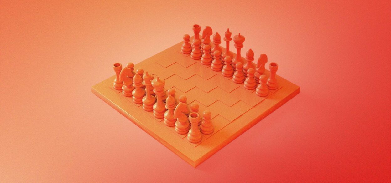 A 3D chessboard with pieces made entirely of coral-colored material. The board floats in a gradient background from peach to deep coral.