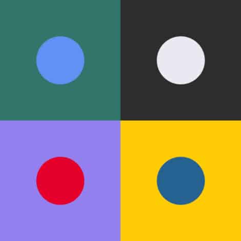 A grid of four colored squares, each with a central circle: blue on teal, white on dark gray, red on lavender, and dark teal on yellow. Bold and vibrant.