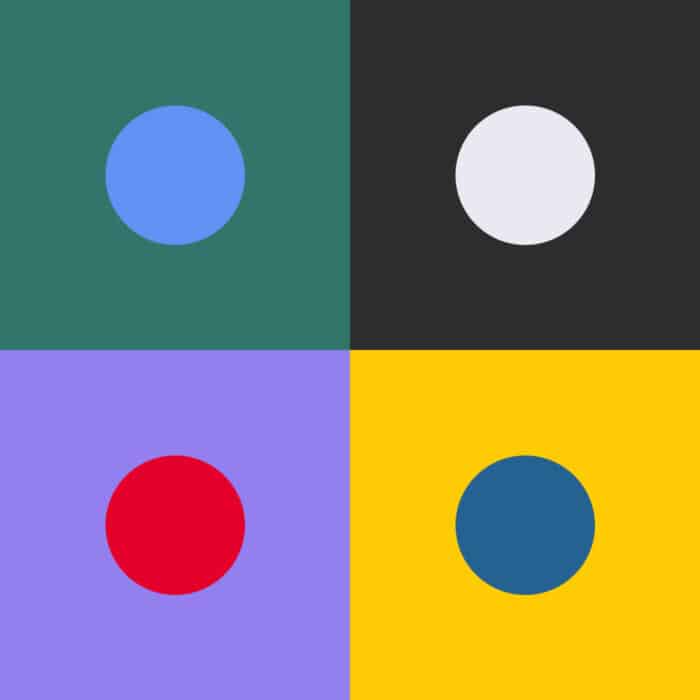 A grid of four colored squares, each with a central circle: blue on teal, white on dark gray, red on lavender, and dark teal on yellow. Bold and vibrant.