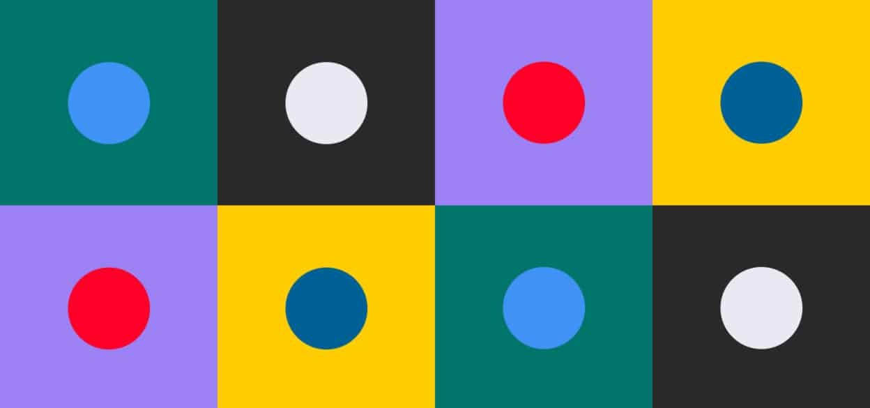A grid of colored squares features contrasting circles inside: blue on teal, grey on black, red on purple, and more, creating a bold, playful pattern.