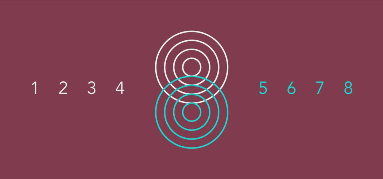 Burgundy background with numbers 1 to 8. Two intersecting circles with concentric lines, white on top, teal below, centered between 4 and 5.