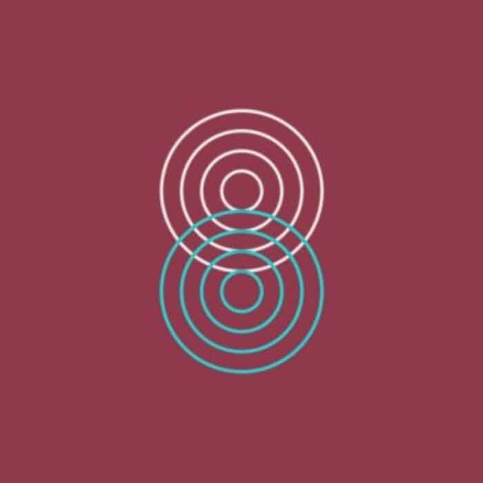 Overlapping white and blue concentric circles on a maroon background, resembling the number 8, create a minimalist and modern design.