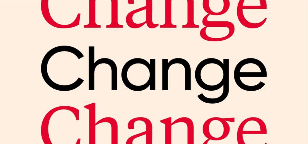 The image features the word "Change" written three times: in red at the top and bottom and black in the middle, against a light beige background.