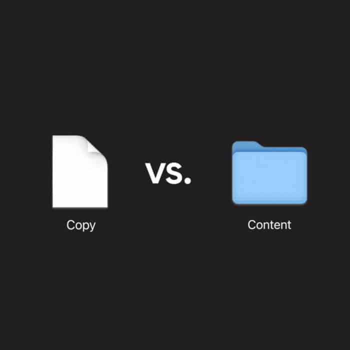 Minimalist image depicting a white document icon labeled 'Copy' on the left, versus a blue folder icon labeled 'Content' on the right, on a black background.