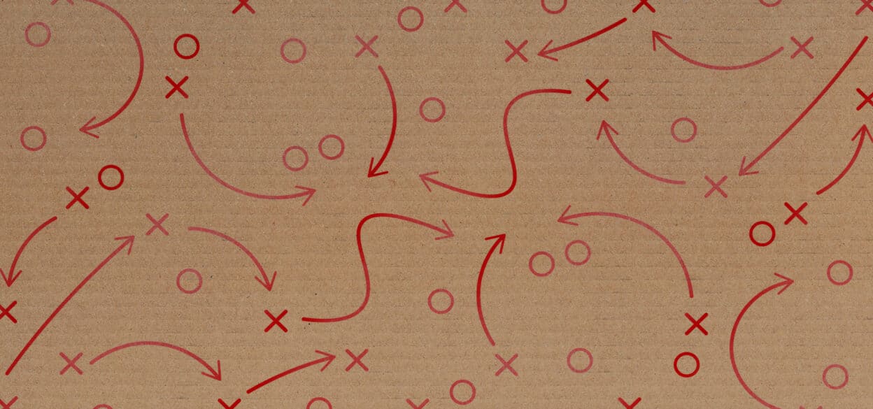 Patterned background with red Xs, Os, arrows, and curved lines on a brown paper texture, resembling a sports or strategy play diagram.