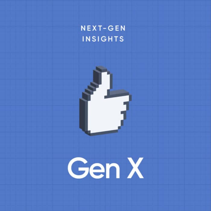 Blue grid background with white pixelated thumbs-up icon. "Next-Gen Insights" text above, "Gen X" below, conveying a modern, analytical tone.