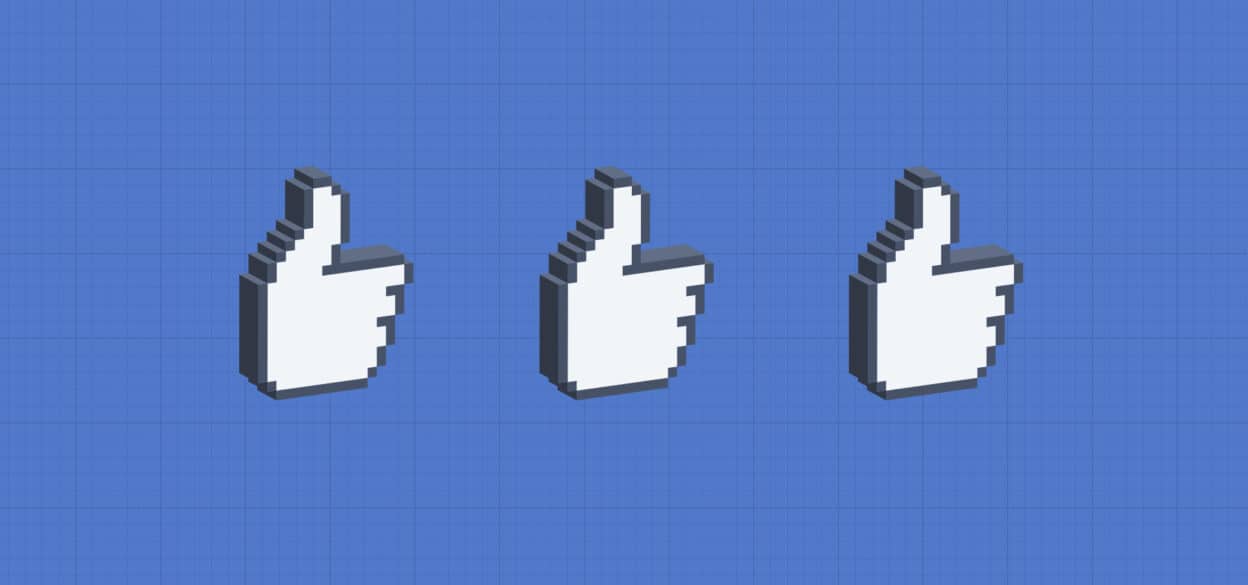 Three pixelated thumbs-up icons are evenly spaced on a blue grid background, conveying a sense of approval or positivity.