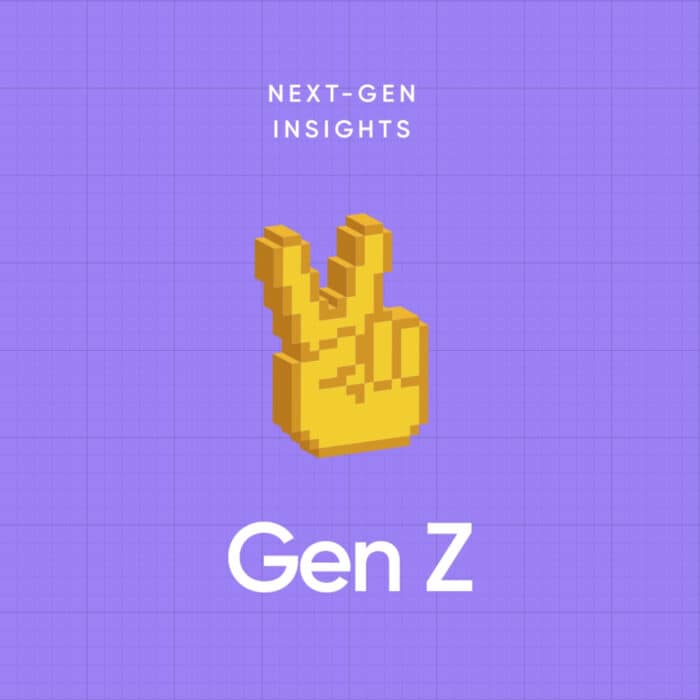 A pixelated yellow hand making a peace sign on a purple grid background. Text says "Next-Gen Insights" and "Gen Z," conveying modern youth culture.