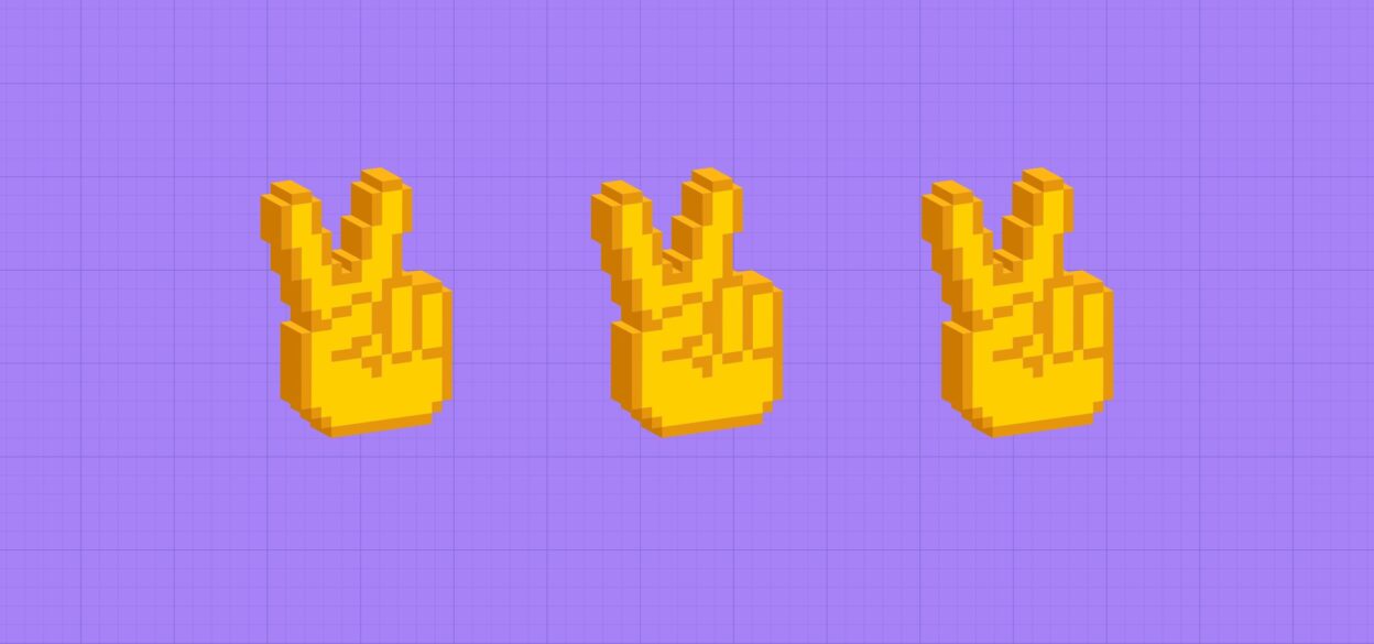 Three pixelated, golden peace signs are evenly spaced on a purple grid background, conveying a playful and retro digital aesthetic.