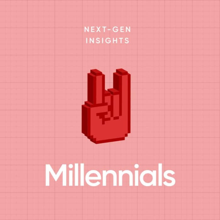 Red pixelated hand making a rock sign on a pink grid background. Text reads "Next-Gen Insights" and "Millennials." Modern, youthful vibe.