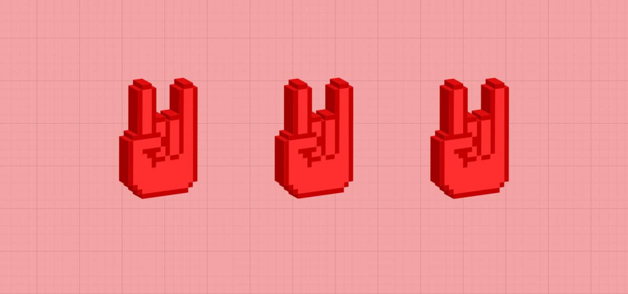 Three red pixelated hand icons, each forming a peace sign, are aligned on a pink grid background, conveying a retro digital art style.