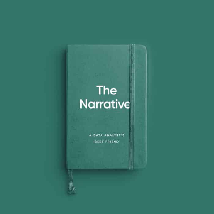 A teal notebook titled "The Narrative," with a subheading "A Data Analyst's Best Friend," is centered on a matching teal background, conveying a professional tone.