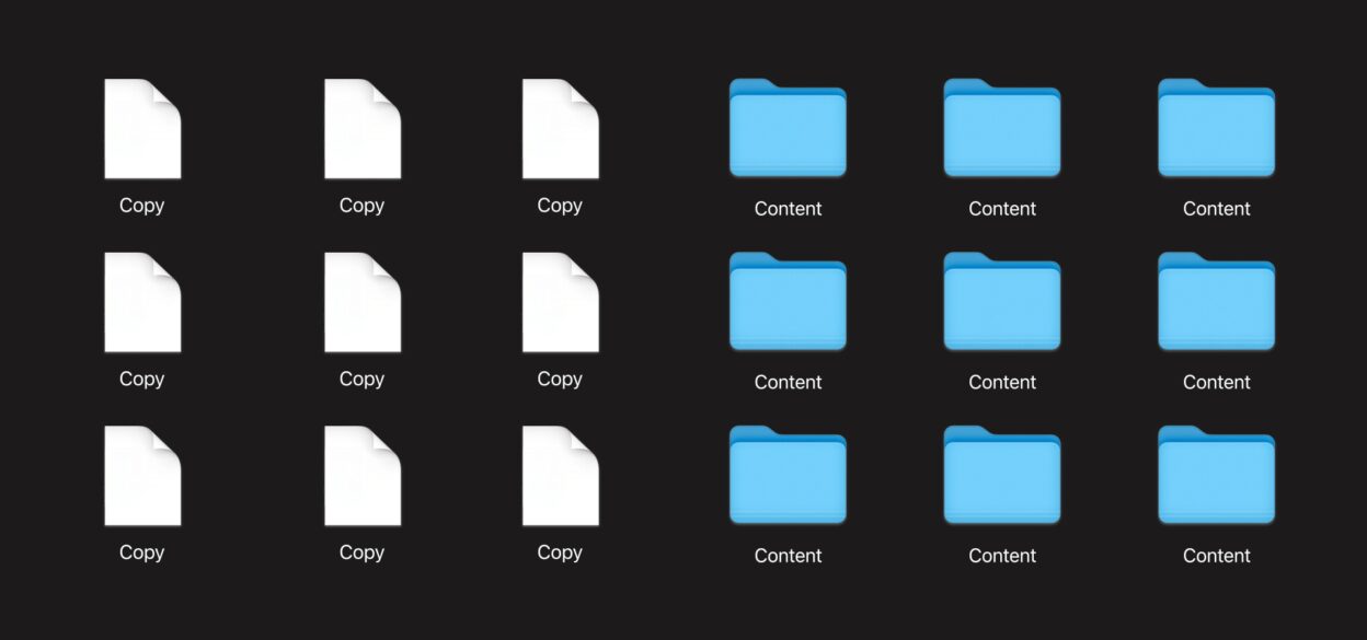 Grid of twelve icons; left half shows white document icons labeled "Copy," right half shows blue folder icons labeled "Content," on a black background.