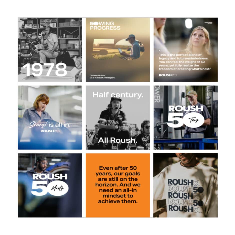 Collage celebrating 50 years of Roush with images of workers, past and present. Highlights innovation, legacy, teamwork, and future goals. Mood is reflective and motivational.