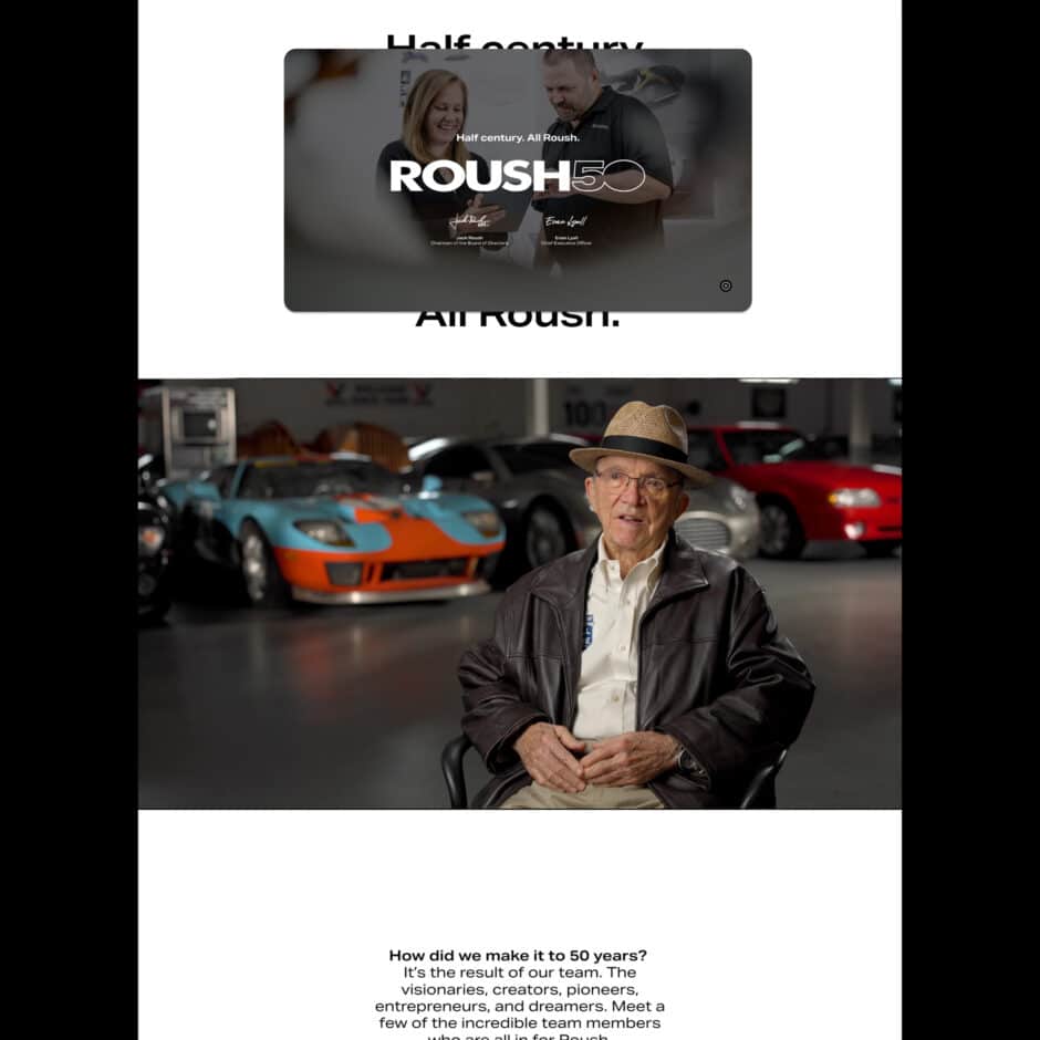 Collage showing Roush's 50th anniversary. Top: Logo with two people smiling. Bottom: An elderly man in a hat and jacket sits in front of classic cars, evoking a sense of heritage and achievement.