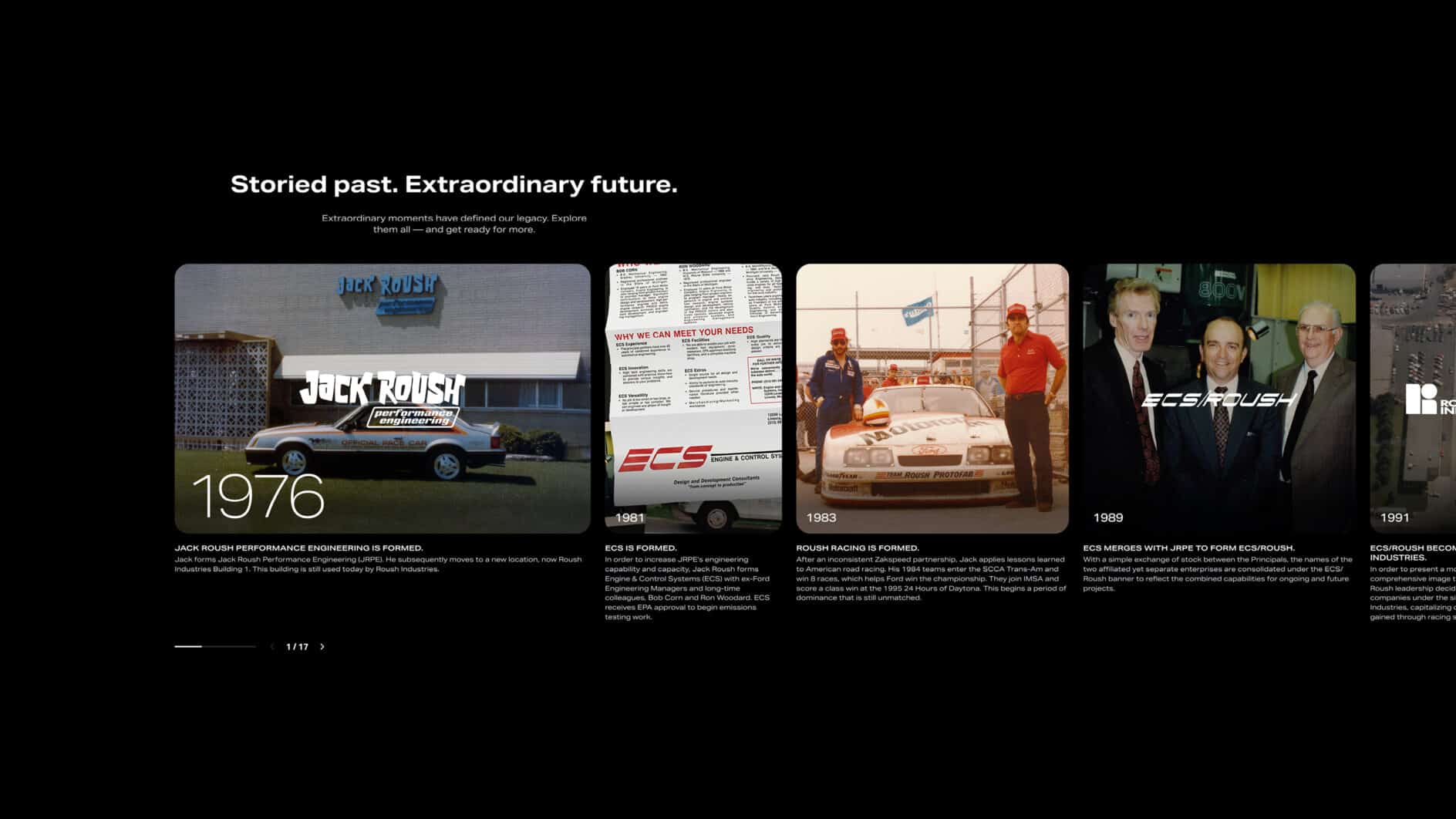 A timeline against a black background showcases milestones in Jack Roush's career. Images span from 1976 to 1991, featuring race cars, team members, and documents, reflecting achievements and partnerships. The tone conveys pride and legacy with the text "Storied past. Extraordinary future" at the top.