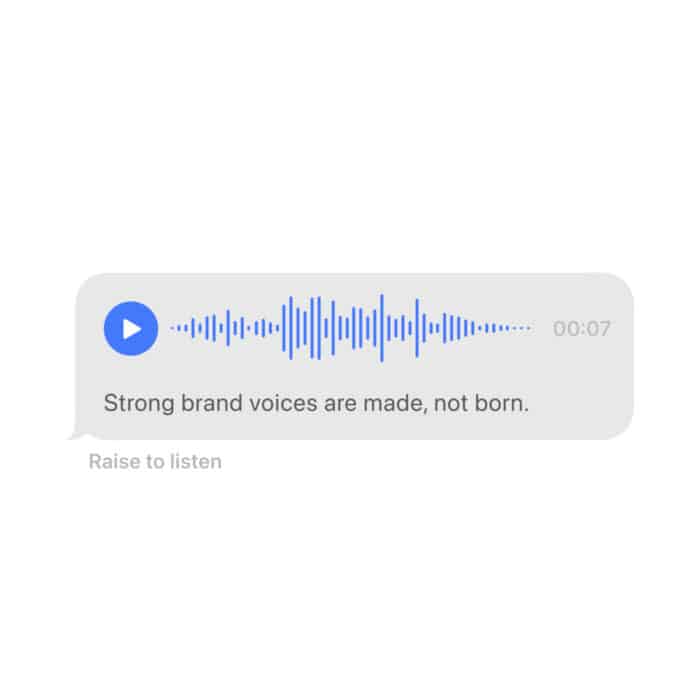 Audio message interface with a play button, waveform, and text reading, "Strong brand voices are made, not born." Duration is seven seconds.
