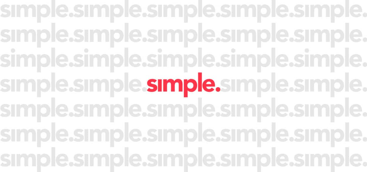 The image features the word "simple" in bold red letters at the center, surrounded by the same word in light gray repeated as a background, conveying minimalism.