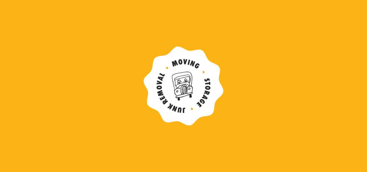 A scalloped white badge on an orange background features an icon of a truck and the words “Junk Removal,” “Moving,” and “Storage” in bold black letters.