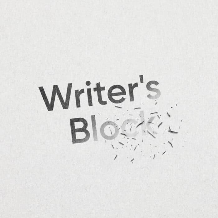Text "Writer's Block" appears on a white background. The word "Block" is disintegrating, symbolizing frustration and creativity struggles. Tone is expressive.