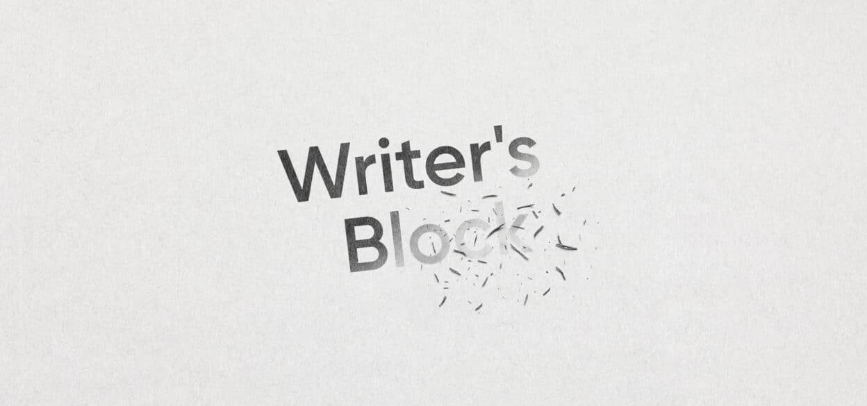 Text "Writer's Block" with "Block" fading and disintegrating, symbolizing overcoming writer's block. Minimalistic design, evokes relief and creativity.