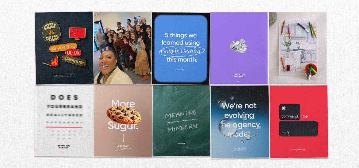 A grid of ten images includes motivational quotes, company news, a group photo, colorful illustrations, and text about branding and advertising strategies.