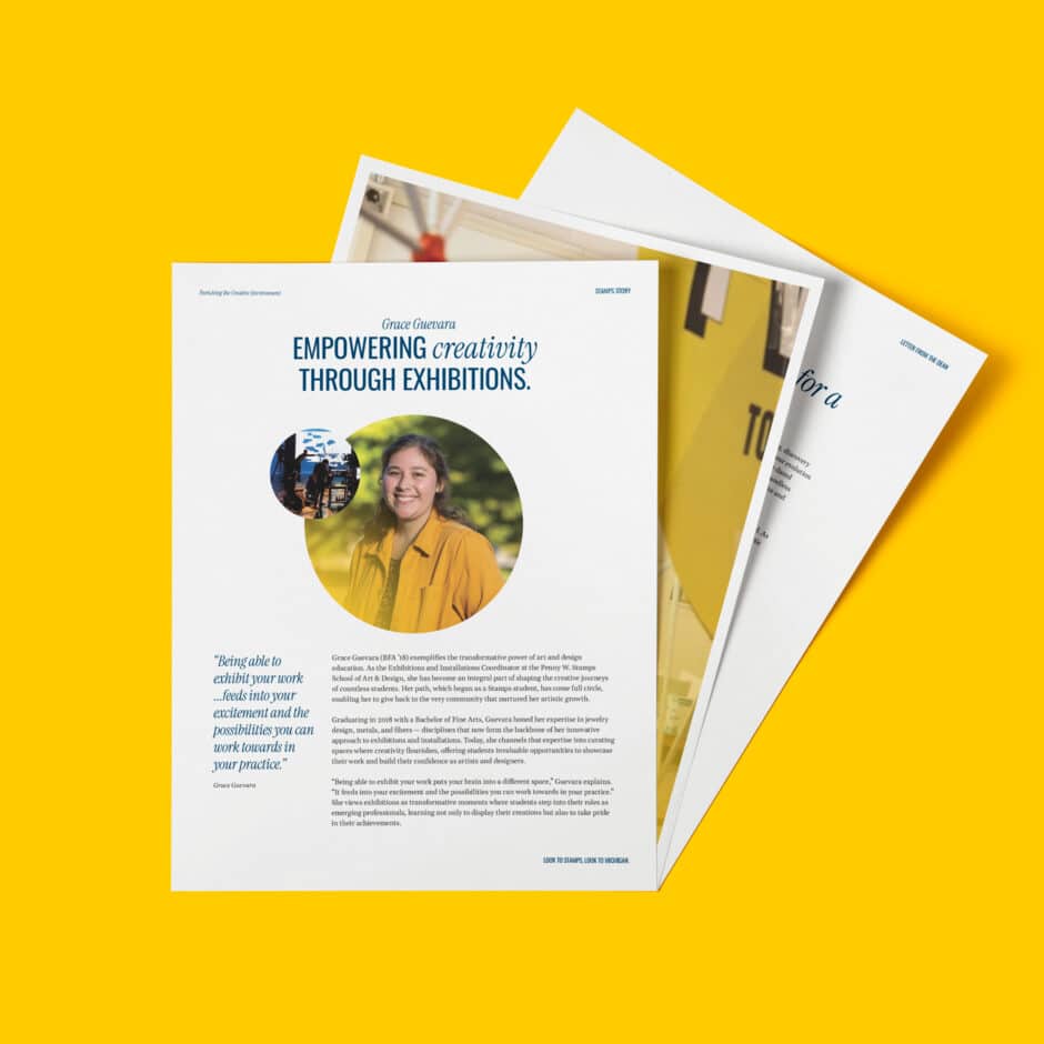 A stack of magazine pages on a yellow background. The top page features a smiling person in a circular photo with the title "Empowering Creativity Through Exhibitions."