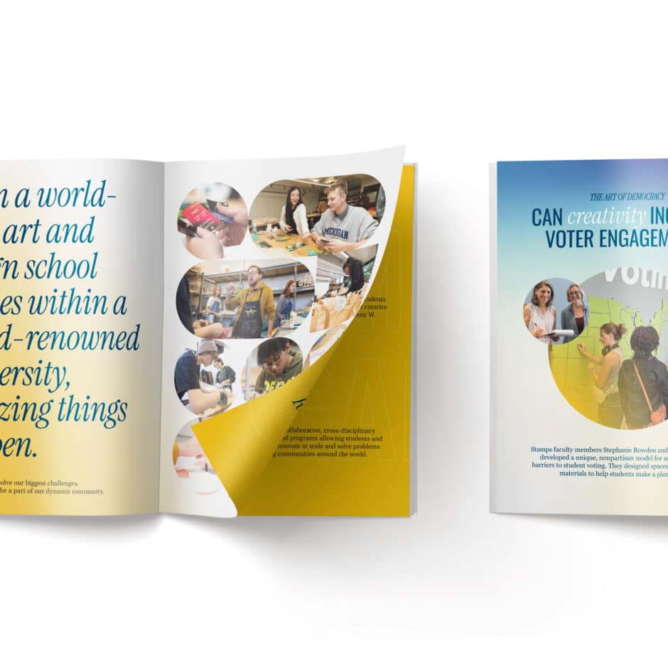 Open magazine displays a collage of students in creative activities, emphasizing collaboration. Cover text reads: "Can Creativity Influence Voter Engagement?"