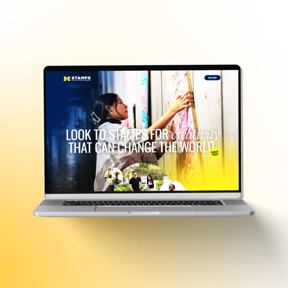 Laptop displaying a website with a young woman painting. Text reads "Look to Stamps for creativity that can change the world.” Bright and inspiring tone.