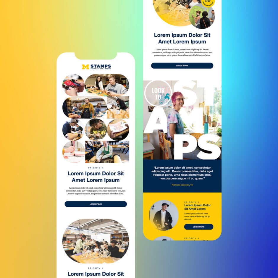 Two vibrant digital posters featuring collage-style images of art students engaged in creative activities. The design blends photos and text on a gradient background, conveying a dynamic and energetic atmosphere.