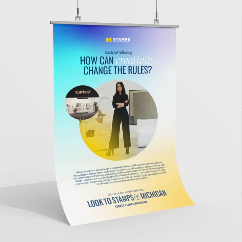 Poster with a blue-to-yellow gradient, featuring a circle with a woman in black. Text reads "How can creativity change the rules?" promoting Stamps at Michigan.