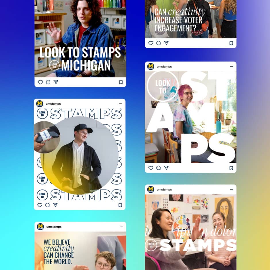 A collage of vibrant social media posts from the University of Michigan's Stamps School. Images include students, bold text, creativity themes, and diverse activities.