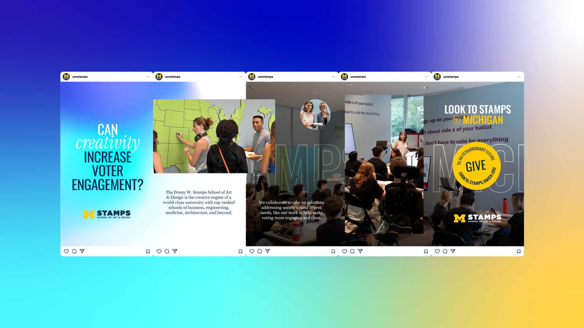 Three-panel collage. Left: Text asks if creativity can boost voter engagement, with 'Stamps' logo. Center: People engaged in a group discussion, backdrop shows interactive elements. Right: Text encourages voting in Michigan with emphasis on creativity, featuring another 'Stamps' logo and circular graphic.