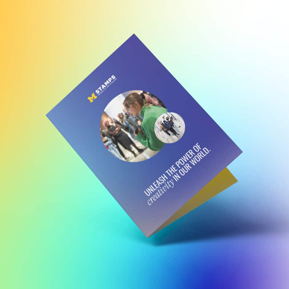 Floating brochure against a gradient background features students engaged in creative activities. Text reads, "Unleash the power of creativity in our world."