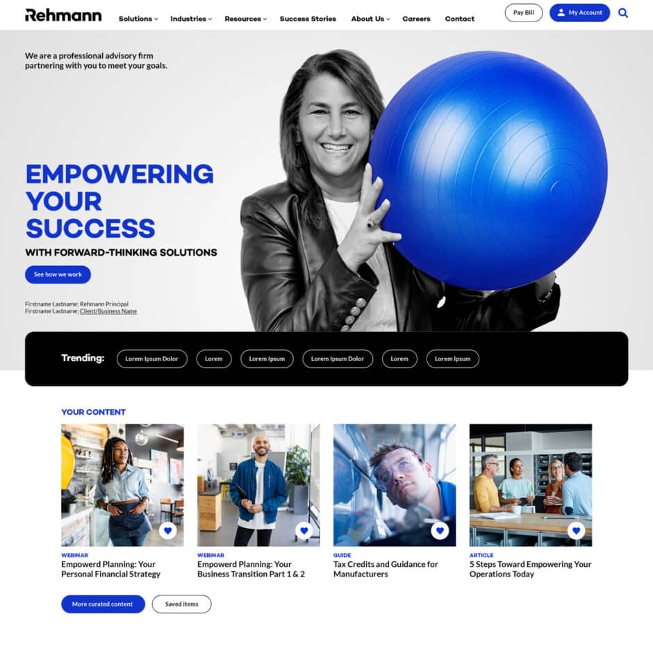 A smiling person in a leather jacket holds a large blue exercise ball. Bold text reads "Empowering Your Success." Content thumbnails below showcase business planning resources.