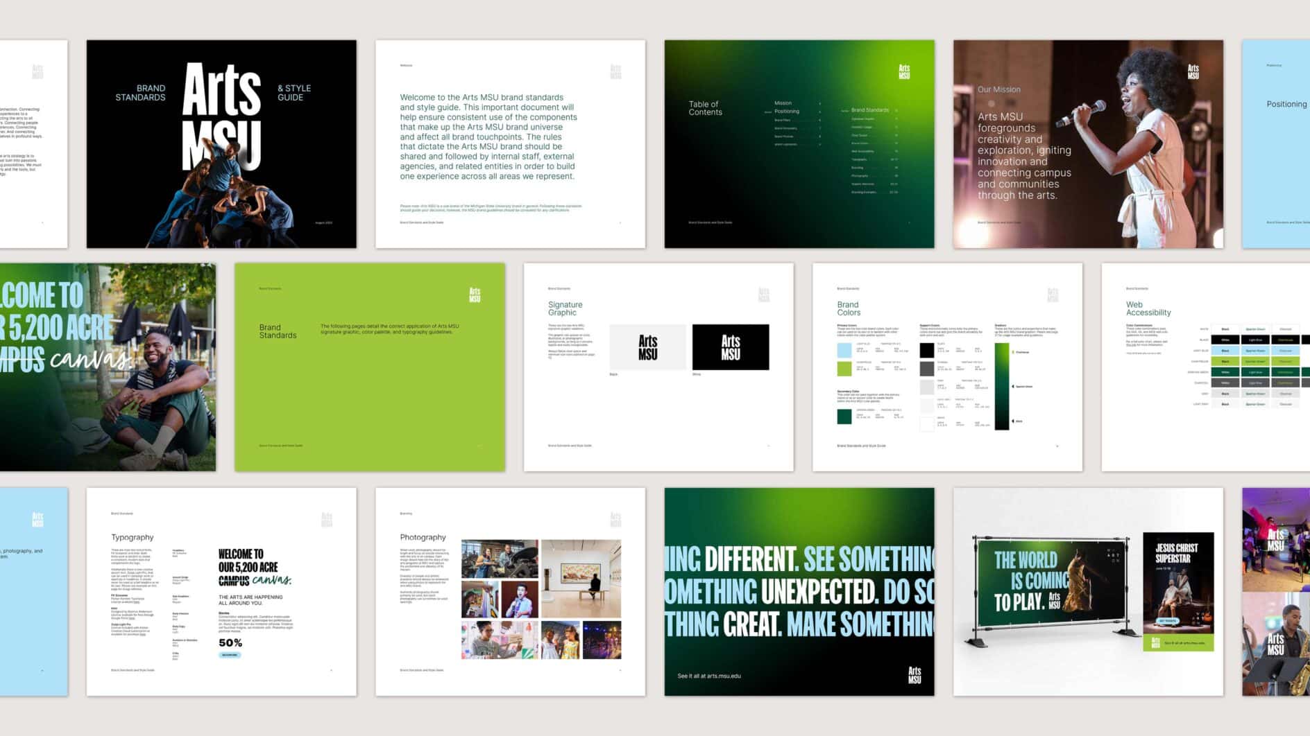 A collage slides showcasing the Arts MSU brand style guide. Slides feature logo use, brand colors, typography, photography, and example use cases.