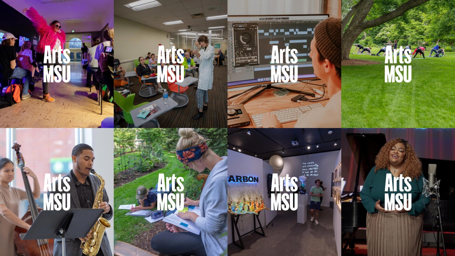 Collage of eight images depicting diverse art activities: performance, classroom, digital art, outdoor yoga, music, sketching outdoors, modern art exhibit, and singing. Each image contains the Arts MSU logo.