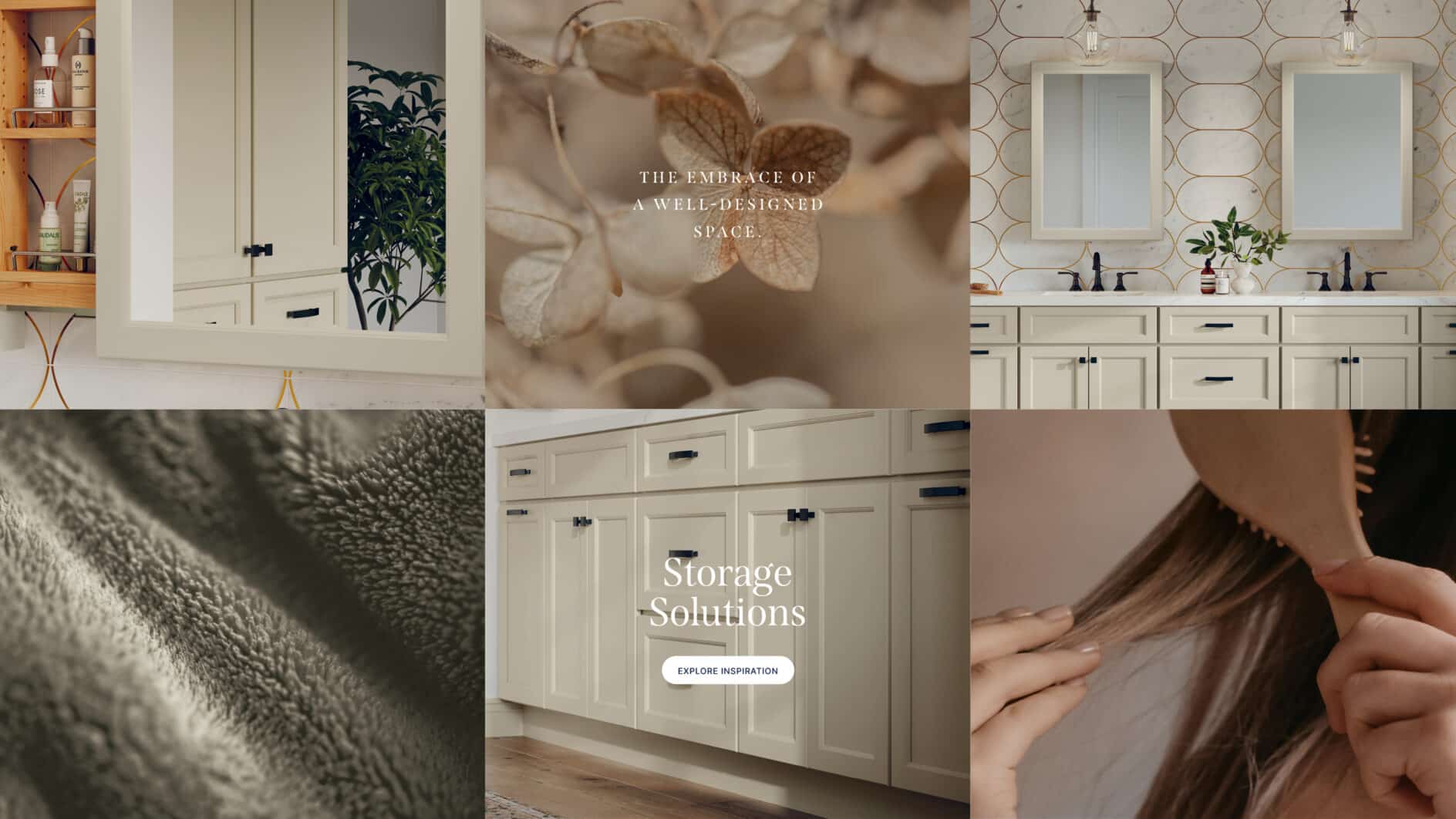 Collage of elegant bathroom cabinetry, soft textures, a person brushing hair, and decorative elements. Text reads “The embrace of a well-designed space” and “Storage Solutions.”