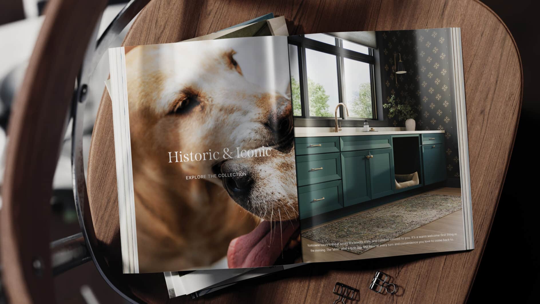 Open magazine on a wooden table, displaying a close-up of a golden retriever on the left and a stylish kitchen with teal cabinets on the right. Warm, inviting tone.