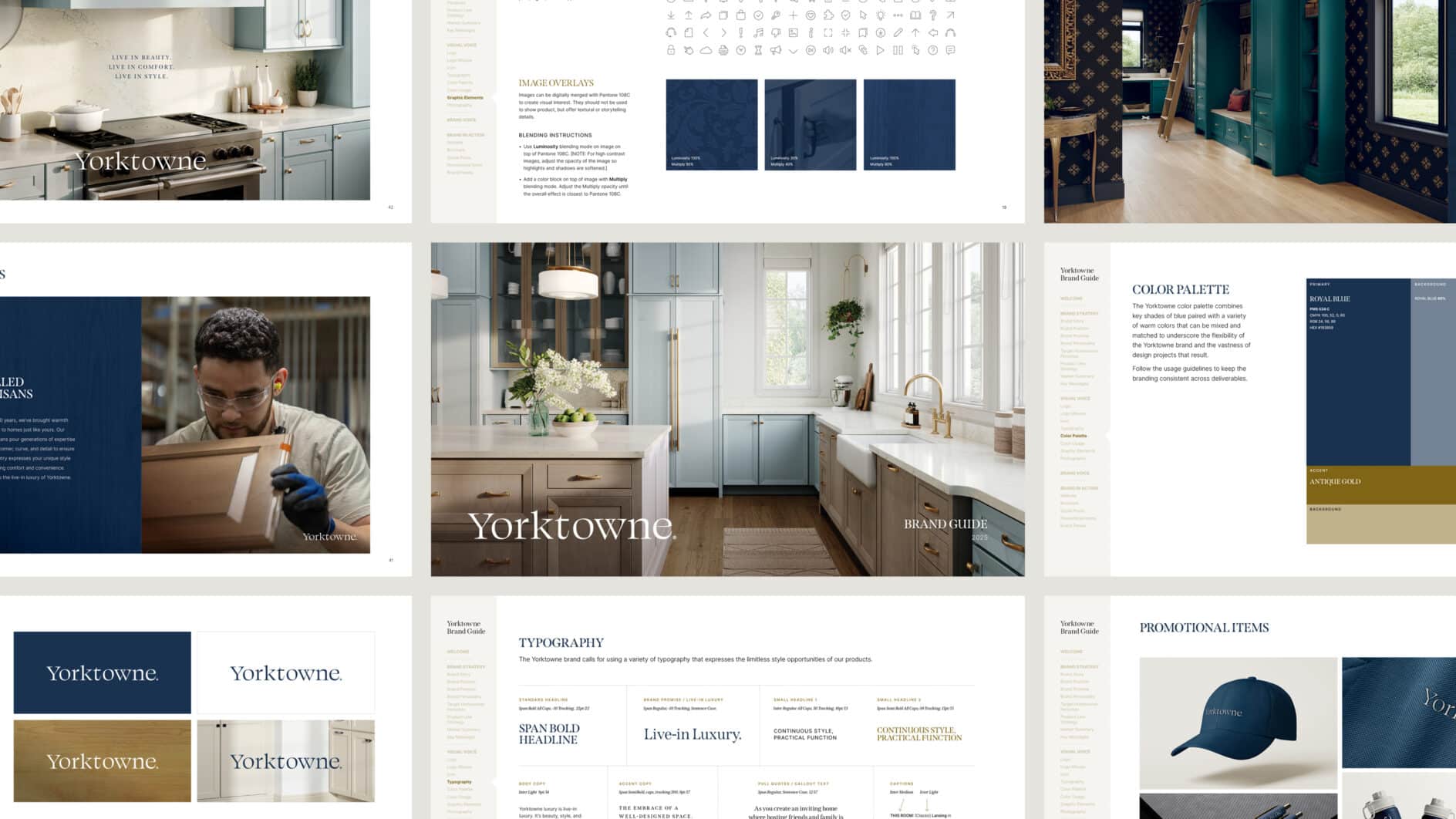 Brand guide layout featuring luxury kitchen imagery, color palette samples, typography examples, logo applications, promotional merchandise, and brand standards for Yorktowne.