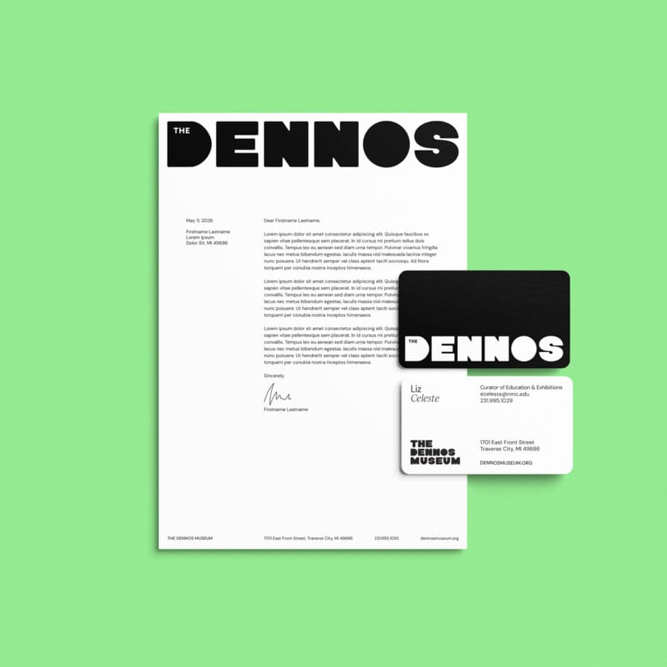 A white Dennos letter and matching business card sit on a bright green background, featuring bold black logos and a clean, modern identity.