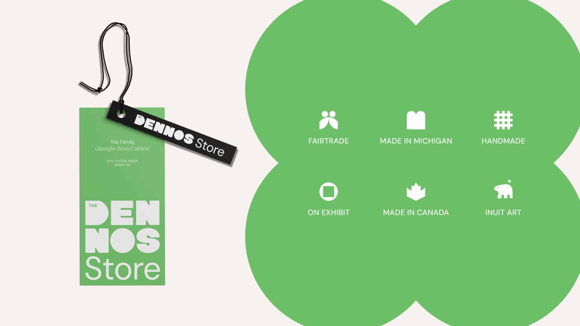 Green four-leaf clover graphic with “The Eno’s Store” tag and black label, highlighting fair trade, handmade, Canadian-made goods and Inuit art.
