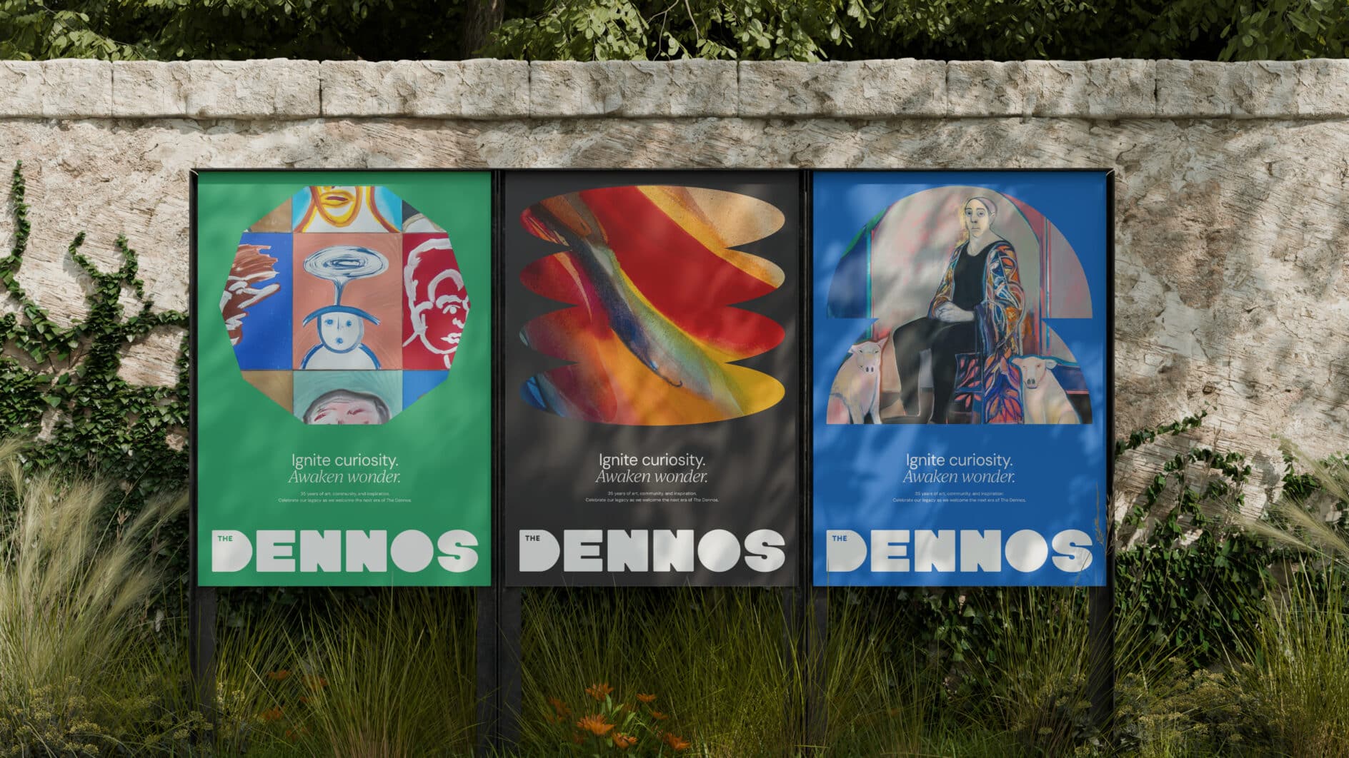 Outdoor display with three colorful DENNOS posters—abstract art, an illustrated figure, and “ignite curiosity” text—against a stone wall.
