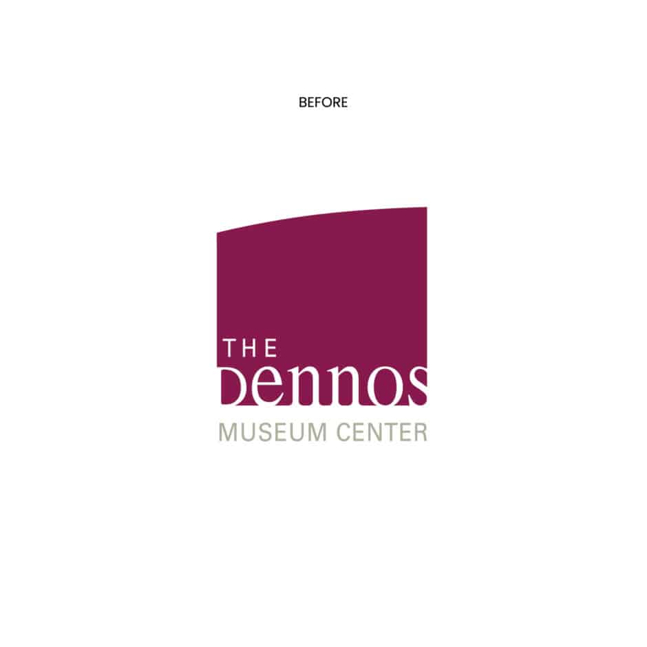 Before logo for The Dennos Museum Center: white background, burgundy curved panel, and gray text create a formal, minimalist tone.