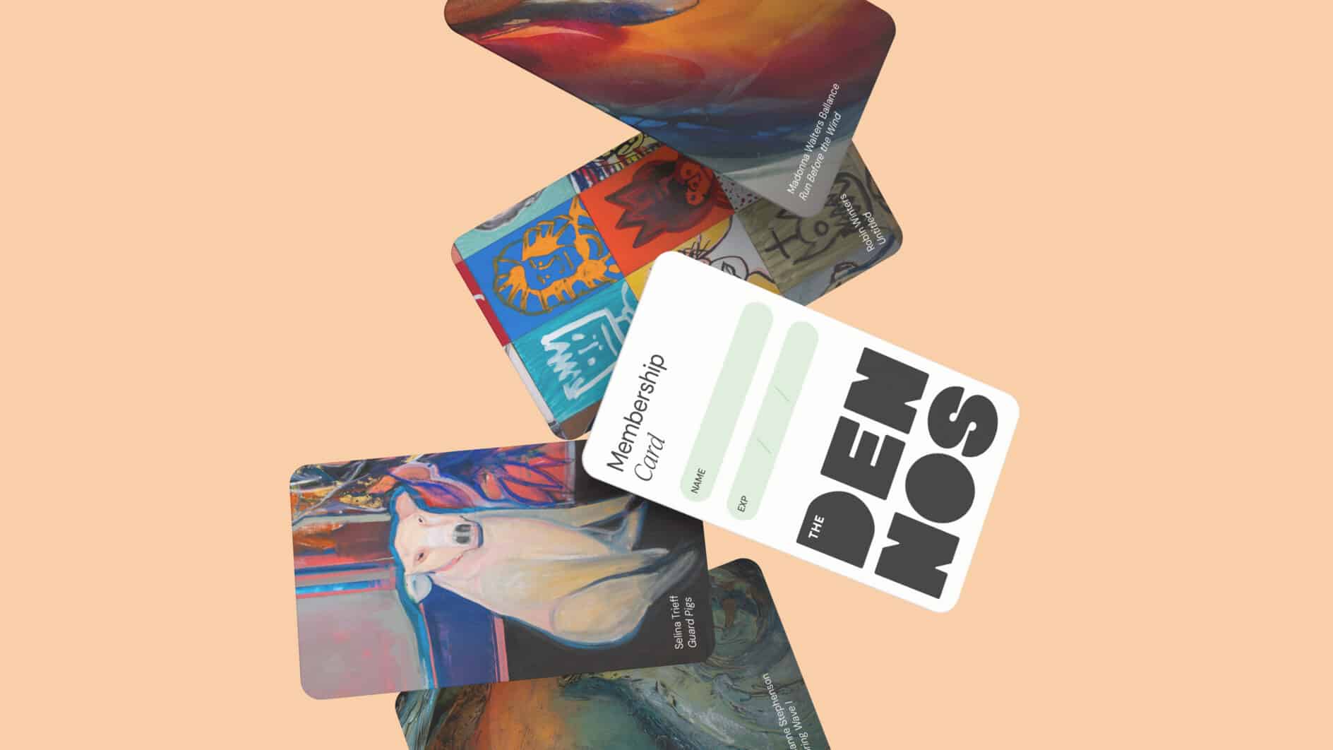 Several colorful illustrated cards overlap on a peach background, including a white “Membership Card” marked “DEMO,” forming a playful collage.