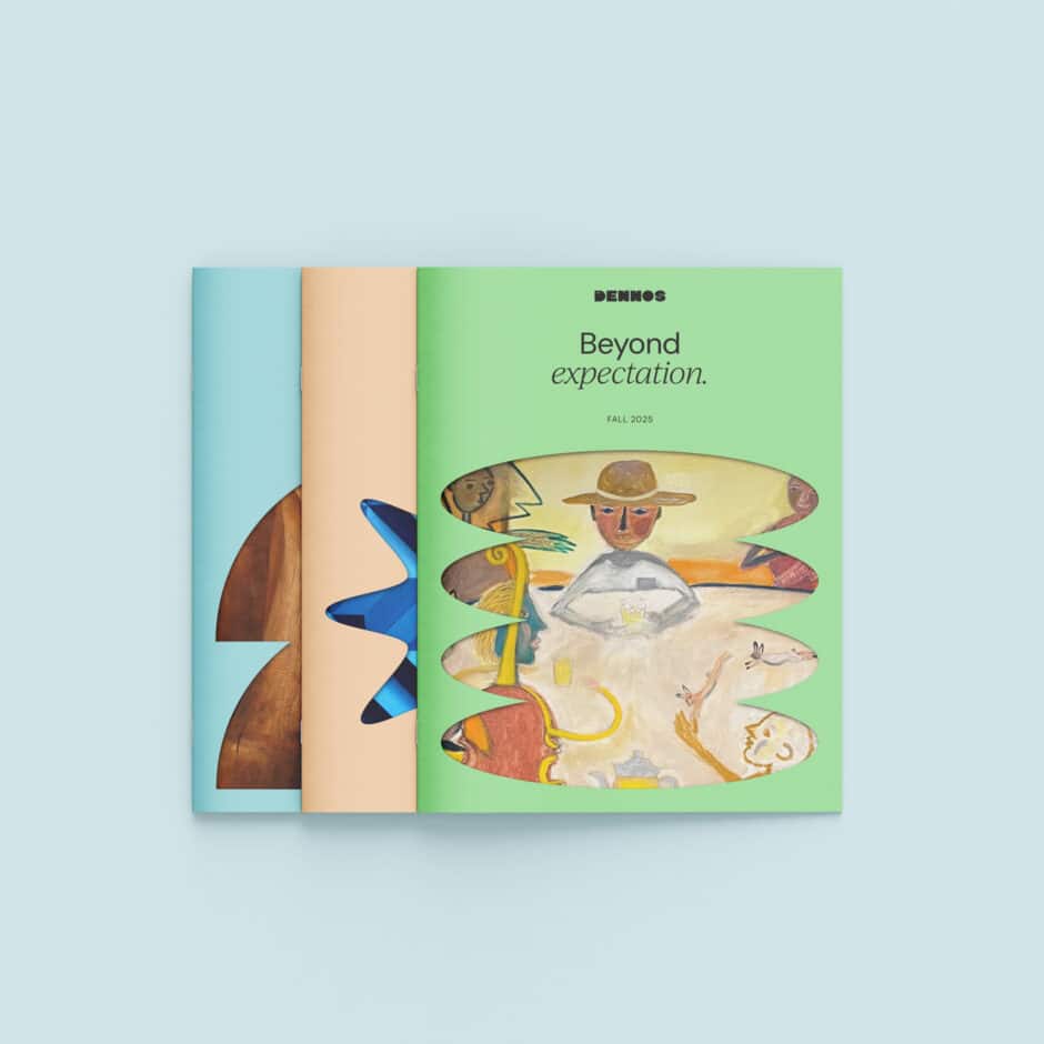 Three overlapping brochures on a pale blue background; green “Beyond expectation” cover features whimsical surreal figures, creating a playful tone.