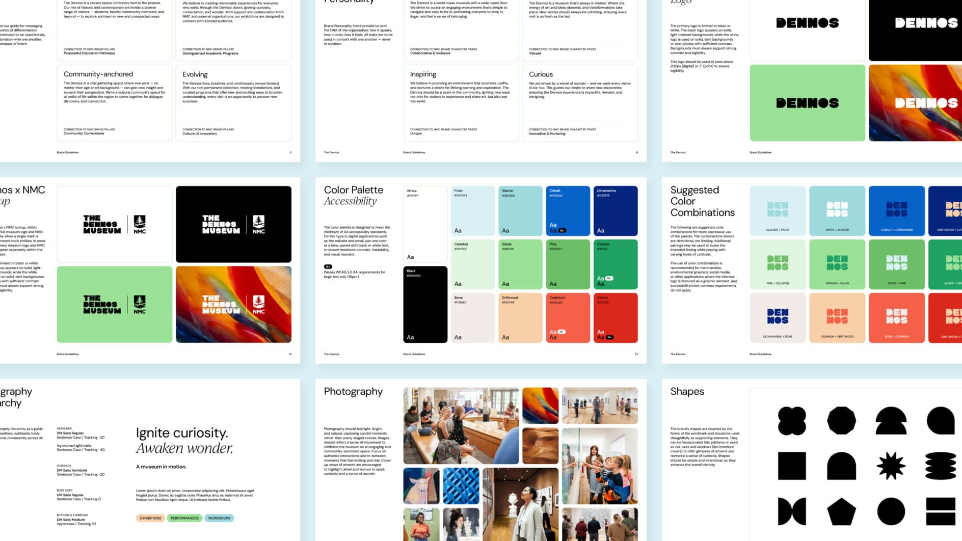 Collage of DENNOS brand guidelines showing logo variations, color palettes, typography, photography examples, suggested combinations, and shape icons.
