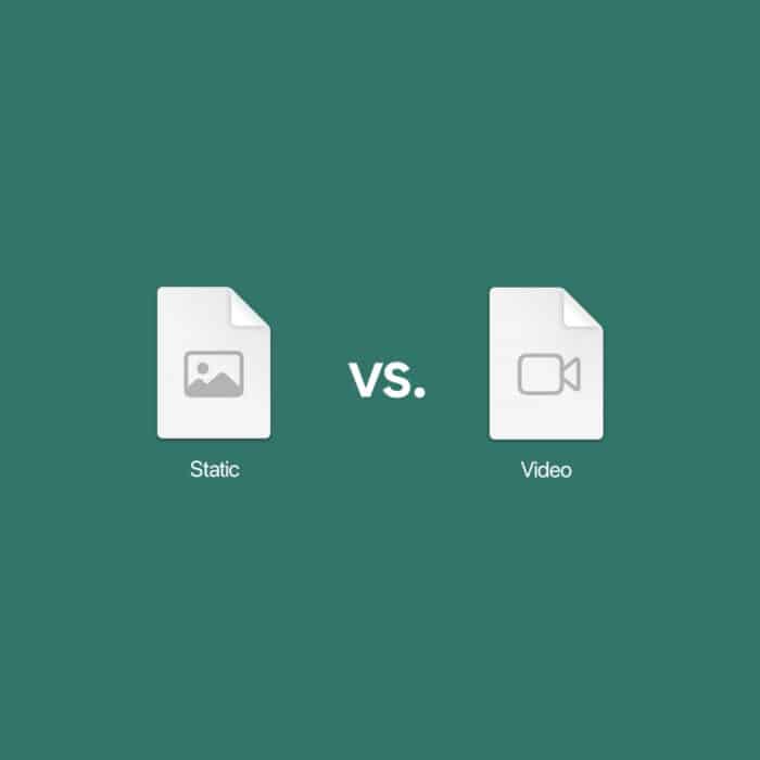 Graphic comparing static image and video: document icons with photo and camera symbols appear on either side of “VS.” against a teal background.
