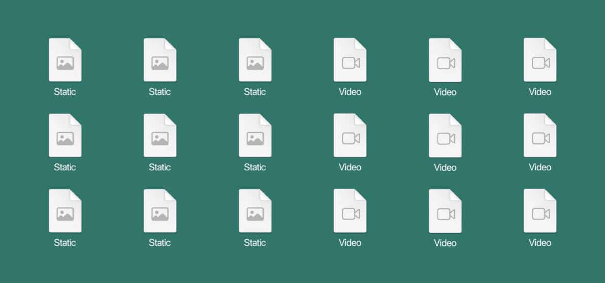 Teal desktop background with 18 file icons in three rows: nine labeled “Static” and nine labeled “Video,” arranged in six columns.
