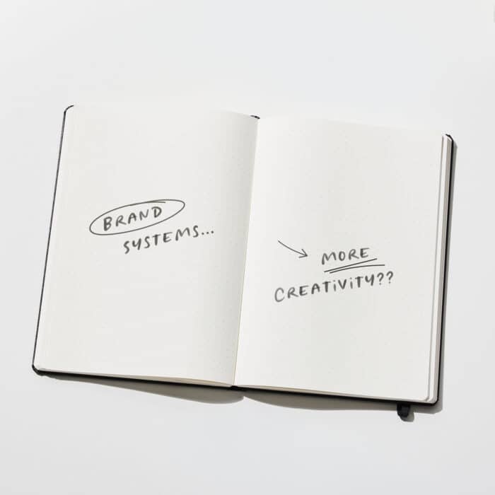 Open dotted notebook on a white surface shows handwritten “Brand Systems...” with an arrow to “More Creativity??,” suggesting thoughtful creative strategy.